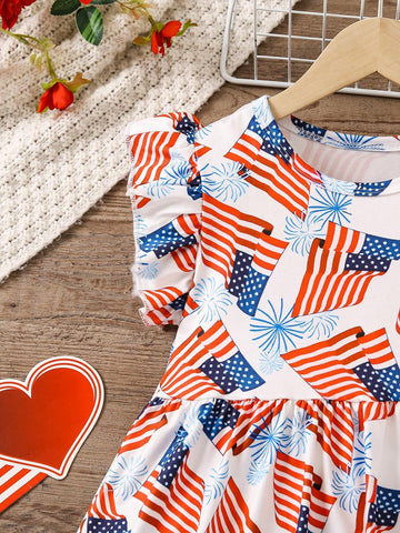 Young Girls" Flag & Fireworks Printed Round Neck Dress With Ruffled Sleeves For Summer