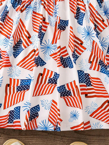 Young Girls" Flag & Fireworks Printed Round Neck Dress With Ruffled Sleeves For Summer