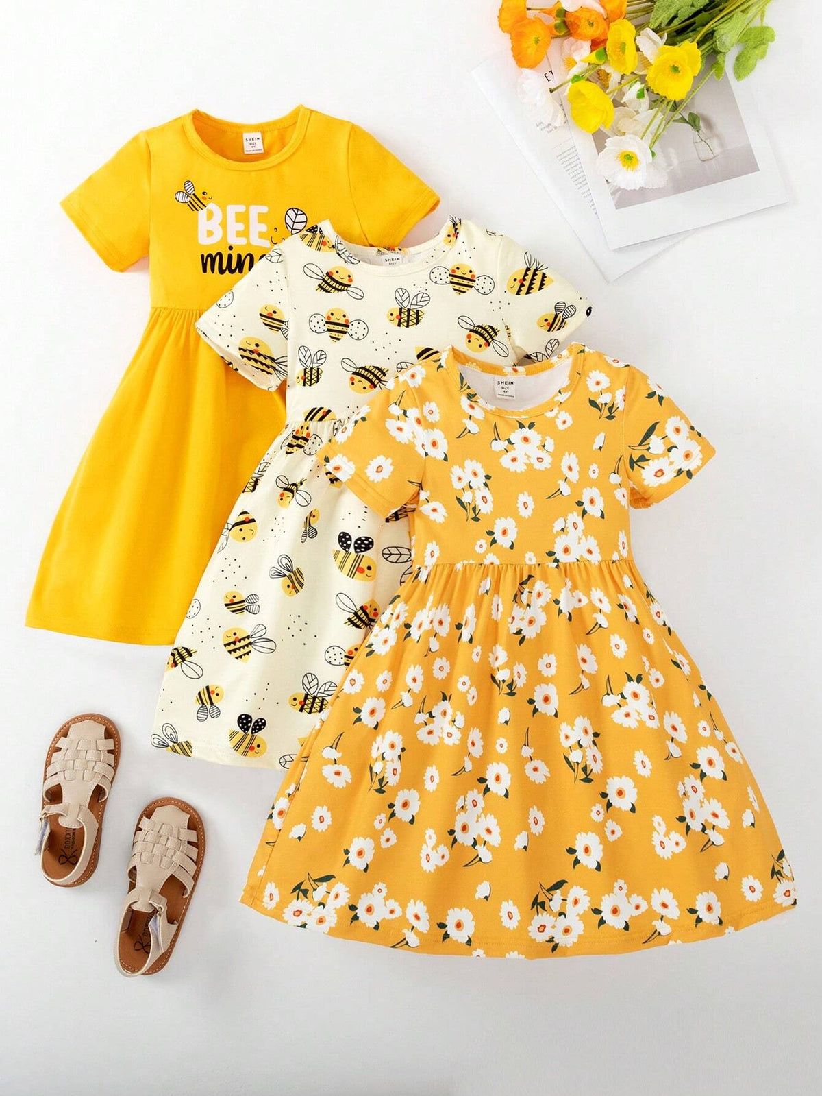 Young Girls" Floral And Bee Printed Short Sleeve Summer Dress