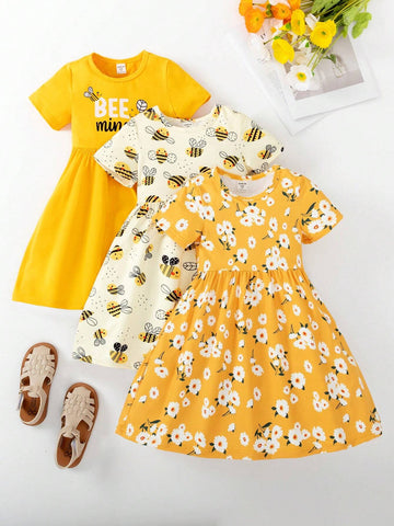 Young Girls" Floral And Bee Printed Short Sleeve Summer Dress