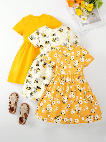 Young Girls" Floral And Bee Printed Short Sleeve Summer Dress