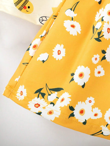 Young Girls" Floral And Bee Printed Short Sleeve Summer Dress