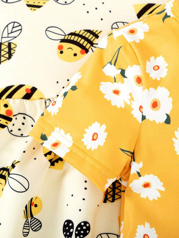 Young Girls" Floral And Bee Printed Short Sleeve Summer Dress
