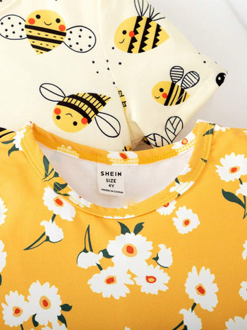 Young Girls" Floral And Bee Printed Short Sleeve Summer Dress