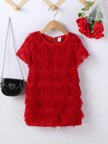 Young Girl's Floral Cut-Out Fringed Feather Dress