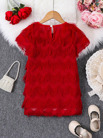 Young Girl's Floral Cut-Out Fringed Feather Dress