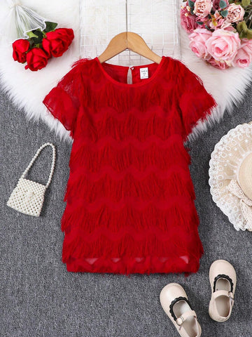 Young Girl's Floral Cut-Out Fringed Feather Dress