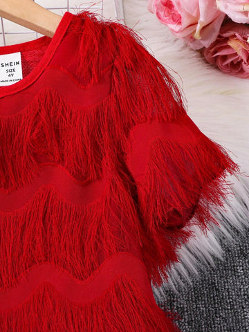 Young Girl's Floral Cut-Out Fringed Feather Dress