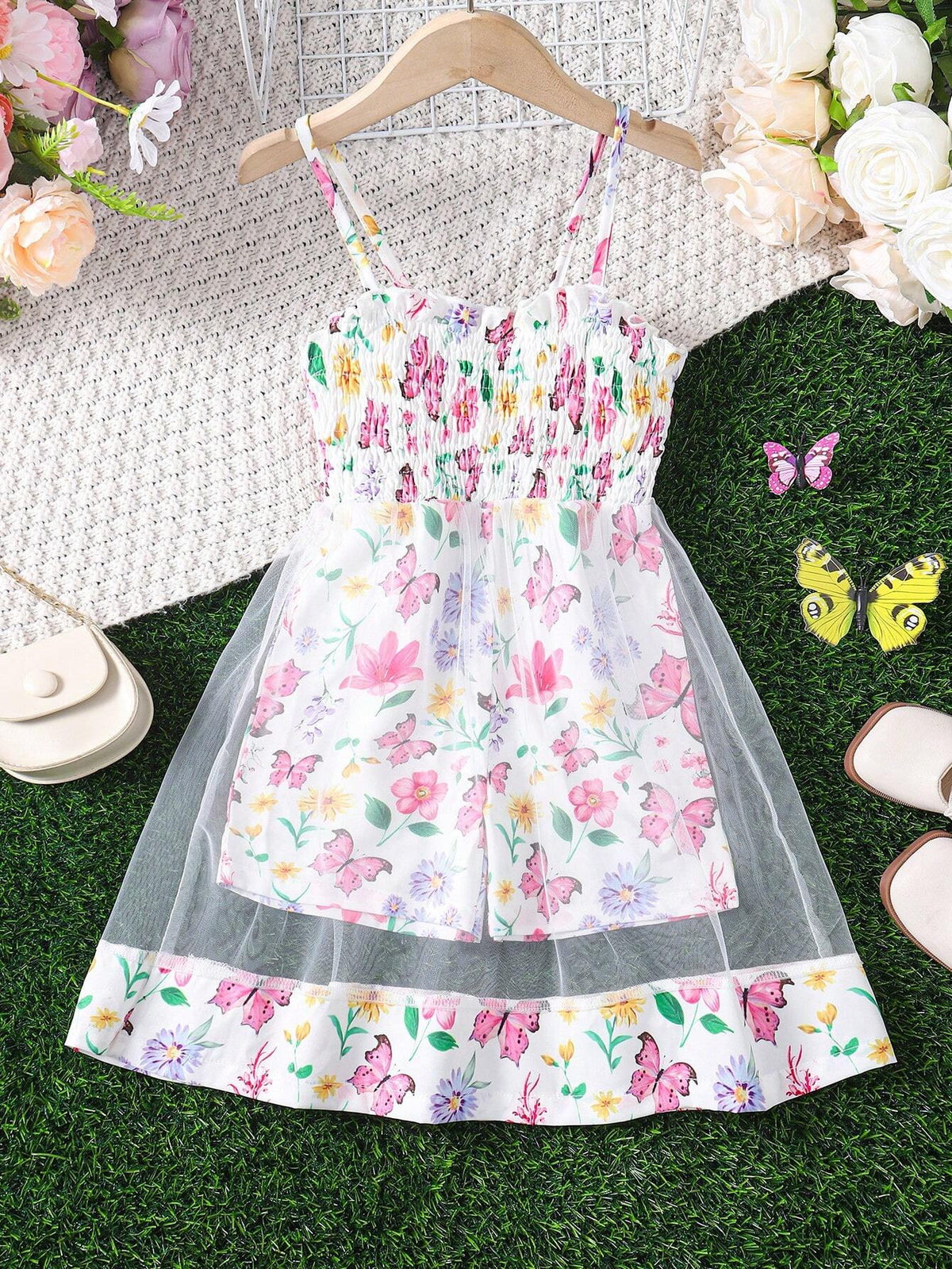 Young Girls' Floral Design Sense Spaghetti Strap Mesh Jumpsuit Shorts For Summer