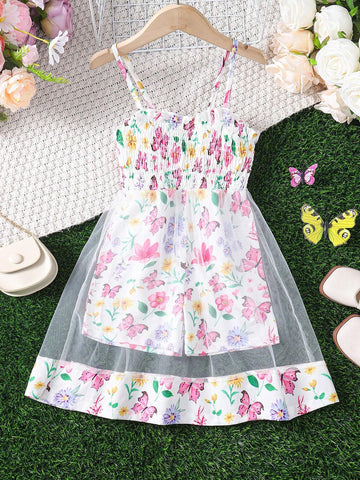 Young Girls' Floral Design Sense Spaghetti Strap Mesh Jumpsuit Shorts For Summer