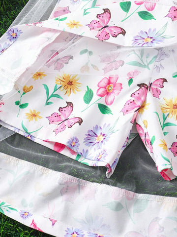 Young Girls' Floral Design Sense Spaghetti Strap Mesh Jumpsuit Shorts For Summer