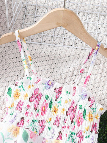 Young Girls' Floral Design Sense Spaghetti Strap Mesh Jumpsuit Shorts For Summer