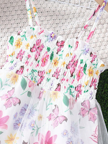 Young Girls' Floral Design Sense Spaghetti Strap Mesh Jumpsuit Shorts For Summer