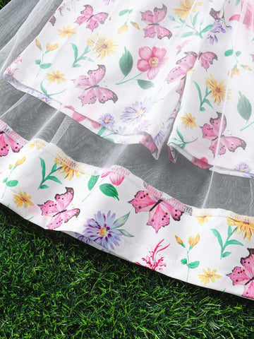 Young Girls' Floral Design Sense Spaghetti Strap Mesh Jumpsuit Shorts For Summer