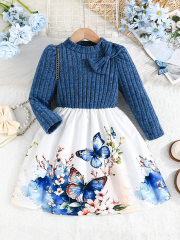 Young Girls Floral Elegant Knitted Puff Sleeve Tops & Ditsy Floral Patchwork Princess Dress, Blue, Autumn/Winter