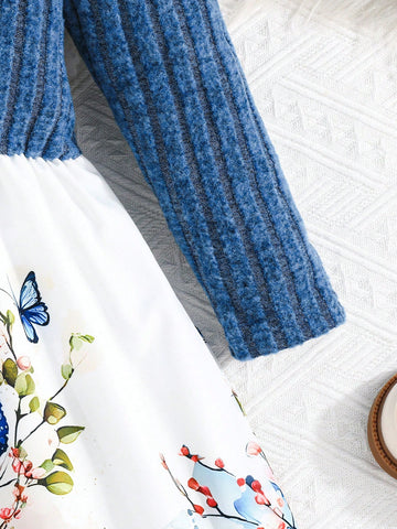 Young Girls Floral Elegant Knitted Puff Sleeve Tops & Ditsy Floral Patchwork Princess Dress, Blue, Autumn/Winter