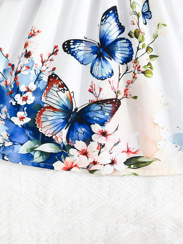 Young Girls Floral Elegant Knitted Puff Sleeve Tops & Ditsy Floral Patchwork Princess Dress, Blue, Autumn/Winter