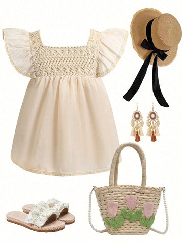 Young Girls' Floral Embroidery Lace Trim Beach Vacation Shirt