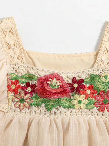 Young Girls' Floral Embroidery Lace Trim Beach Vacation Shirt