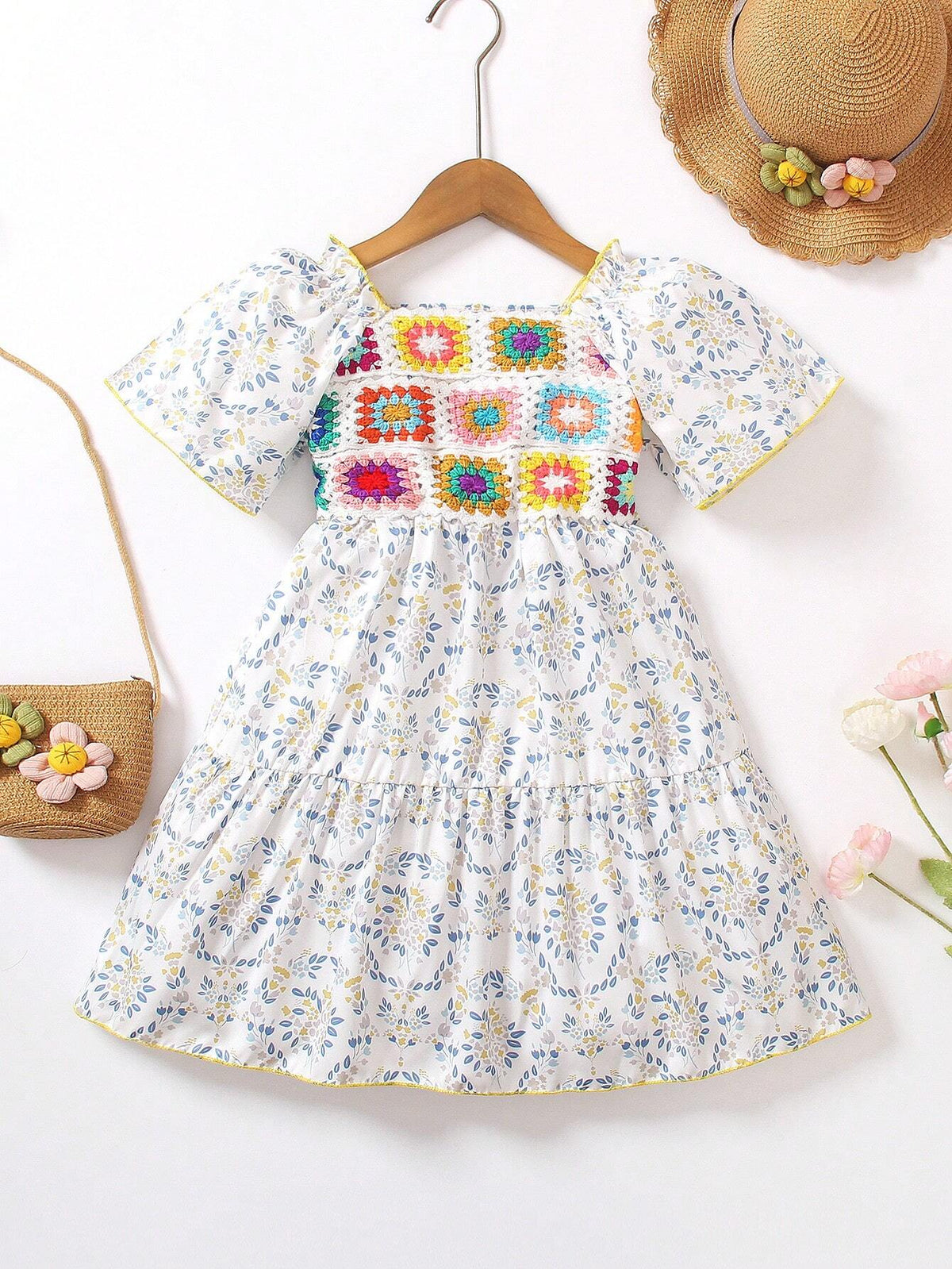 Young Girls Floral Embroidery Print Square Neck Short Sleeve Dress, With Ruffled Hem For Summer