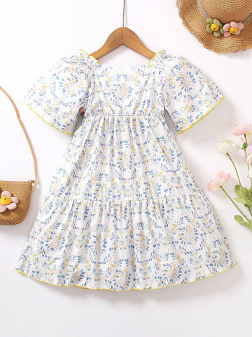 Young Girls Floral Embroidery Print Square Neck Short Sleeve Dress, With Ruffled Hem For Summer