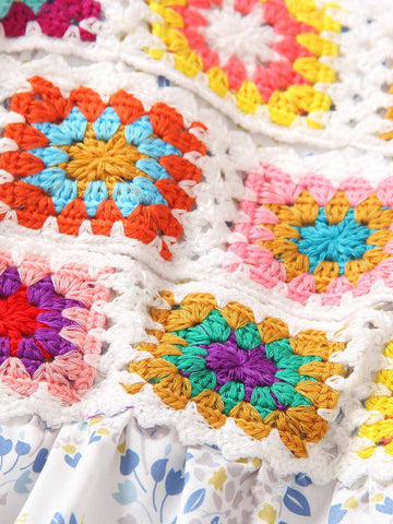 Young Girls Floral Embroidery Print Square Neck Short Sleeve Dress, With Ruffled Hem For Summer