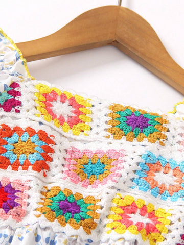 Young Girls Floral Embroidery Print Square Neck Short Sleeve Dress, With Ruffled Hem For Summer