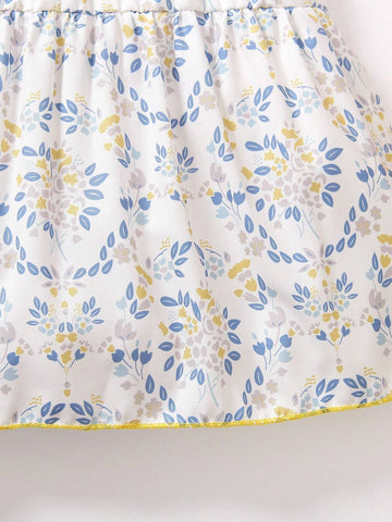 Young Girls Floral Embroidery Print Square Neck Short Sleeve Dress, With Ruffled Hem For Summer