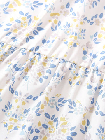 Young Girls Floral Embroidery Print Square Neck Short Sleeve Dress, With Ruffled Hem For Summer