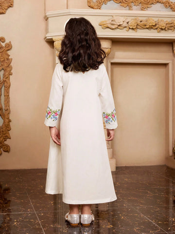 Young Girls Floral Embroidery V-Neck Long Sleeve Straight A-Line Leisure Fitted Dress, Spring/Summer