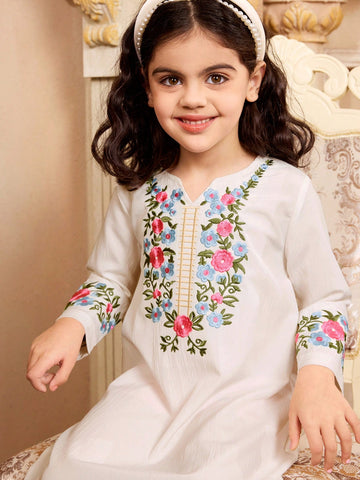 Young Girls Floral Embroidery V-Neck Long Sleeve Straight A-Line Leisure Fitted Dress, Spring/Summer