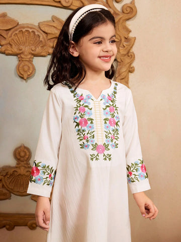 Young Girls Floral Embroidery V-Neck Long Sleeve Straight A-Line Leisure Fitted Dress, Spring/Summer