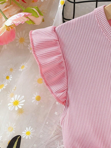 Young Girls' Floral Patchwork Print Round Neck Short Sleeve Skater Dress