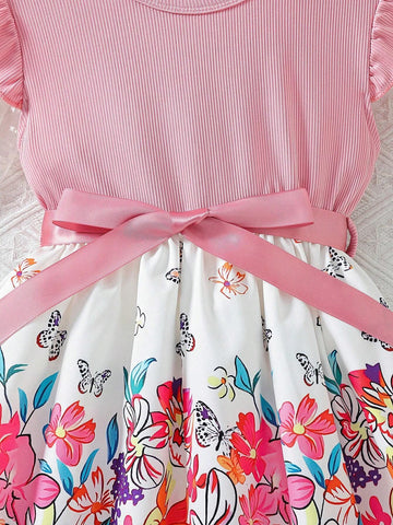 Young Girls' Floral Patchwork Print Round Neck Short Sleeve Skater Dress