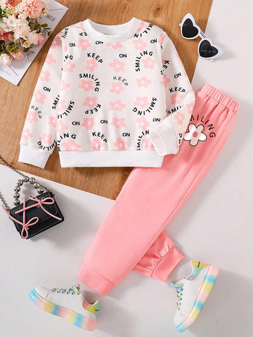 Young Girls Floral Pattern Print Crew Neck Sweatshirt & Sports Pants Set