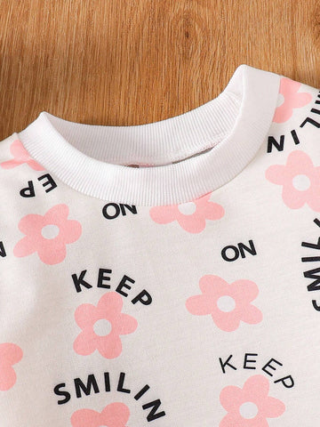Young Girls Floral Pattern Print Crew Neck Sweatshirt & Sports Pants Set