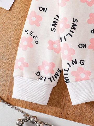 Young Girls Floral Pattern Print Crew Neck Sweatshirt & Sports Pants Set