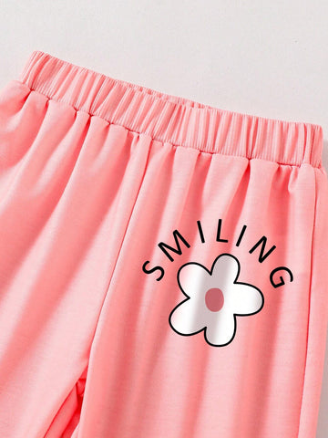 Young Girls Floral Pattern Print Crew Neck Sweatshirt & Sports Pants Set