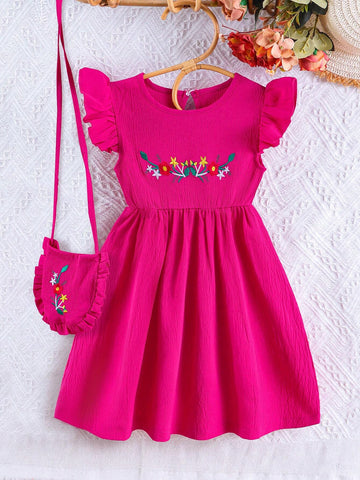 Young Girls Floral Print Cap Sleeve Mid-Length Princess Dress And Embroidered Bag Set