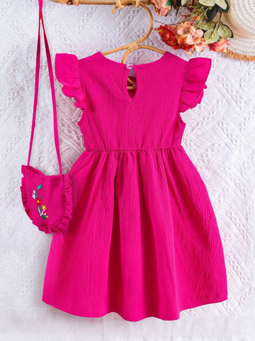Young Girls Floral Print Cap Sleeve Mid-Length Princess Dress And Embroidered Bag Set