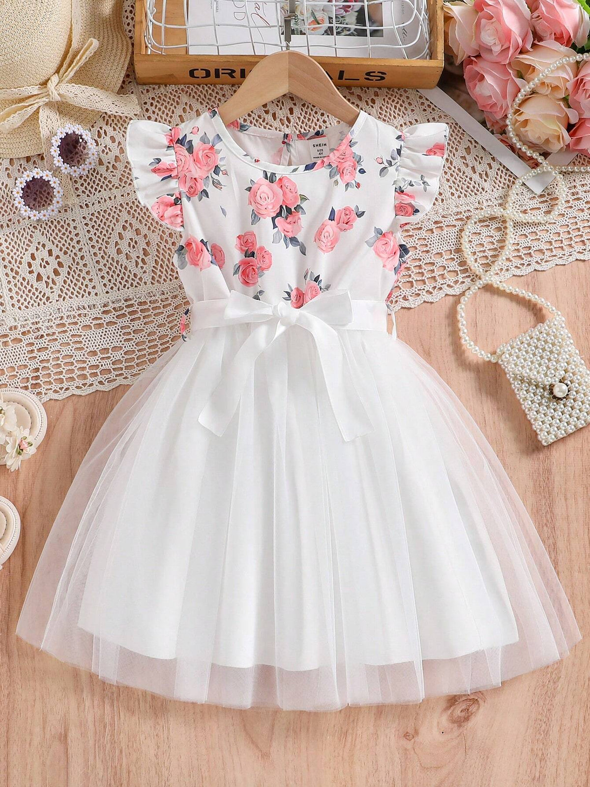 Young Girls' Floral Print Flutter Sleeve Party Dress For Summer