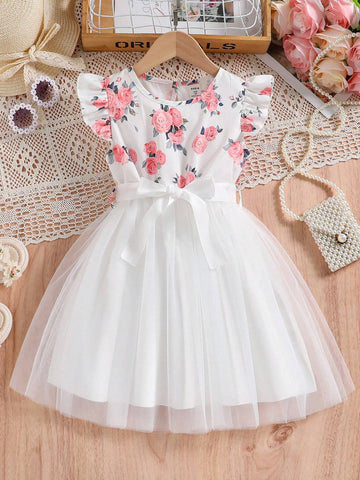Young Girls' Floral Print Flutter Sleeve Party Dress For Summer