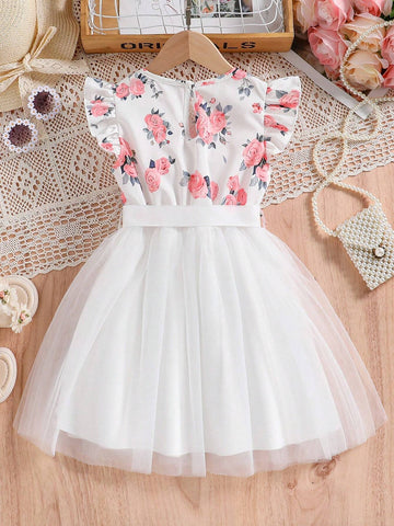 Young Girls' Floral Print Flutter Sleeve Party Dress For Summer