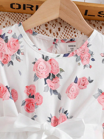 Young Girls' Floral Print Flutter Sleeve Party Dress For Summer