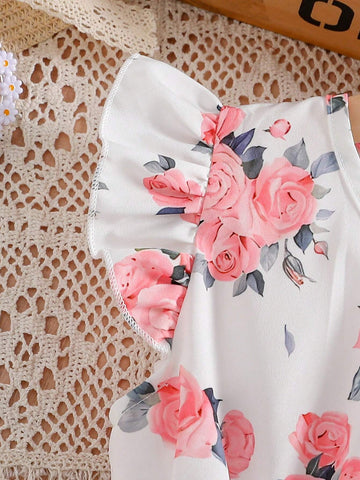 Young Girls' Floral Print Flutter Sleeve Party Dress For Summer