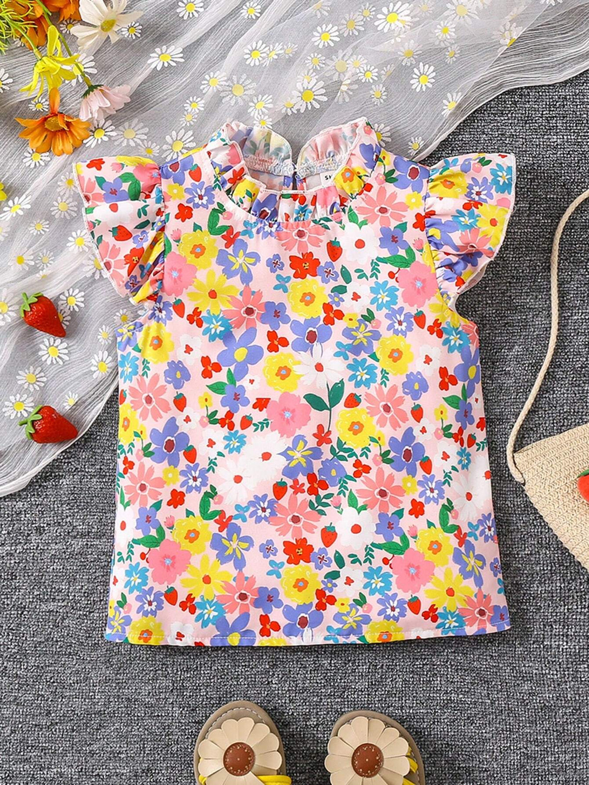 Young Girl's Floral Print Flying Sleeve Vacation Shirt