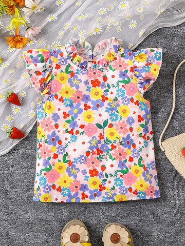 Young Girl's Floral Print Flying Sleeve Vacation Shirt