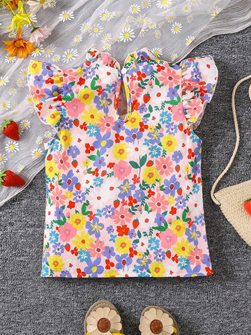 Young Girl's Floral Print Flying Sleeve Vacation Shirt