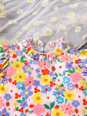 Young Girl's Floral Print Flying Sleeve Vacation Shirt