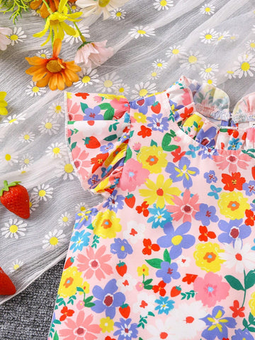 Young Girl's Floral Print Flying Sleeve Vacation Shirt